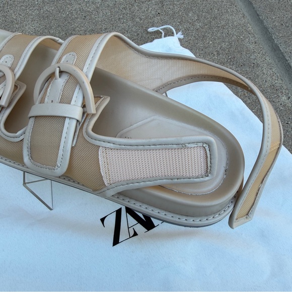Zara Womens Open Toe Mesh Double Buckle Slingback Sandals Beige Size 37 Flat Dad - Picture 8 of 14